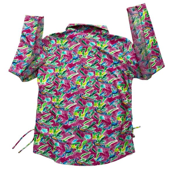 IBKUL Golf Shirt Womens Size Large 1/4 Zip Floral Peacock Pink Quick Dry UPF 50 - Picture 2 of 6